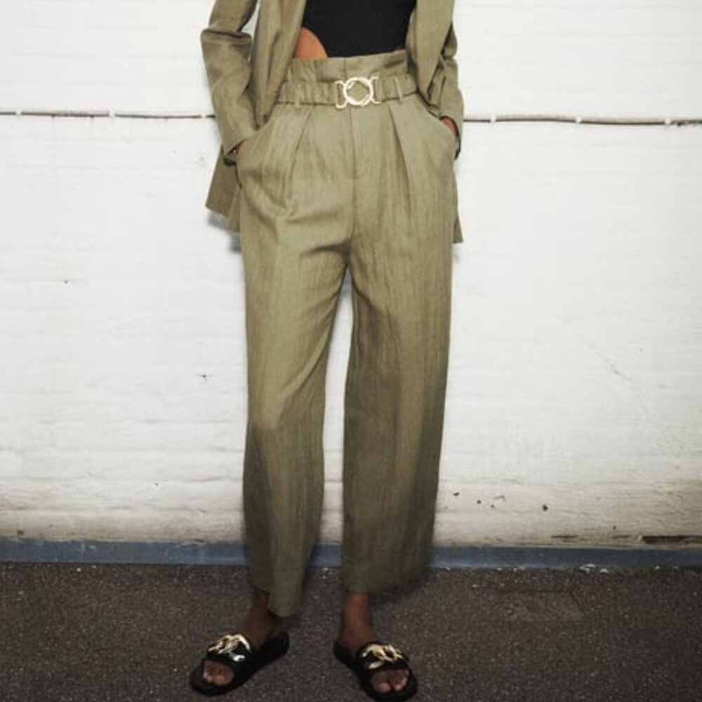 ✨ Zara High Waist Khaki Green Summer Pants - Wide Leg with Gold Accent Belt ✨